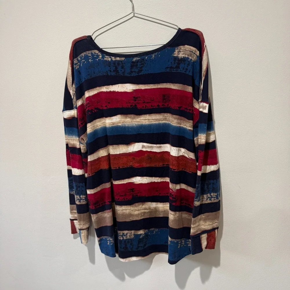 Westbound Woman 3X Striped Long Sleeve Top Red‎ Blue Beige